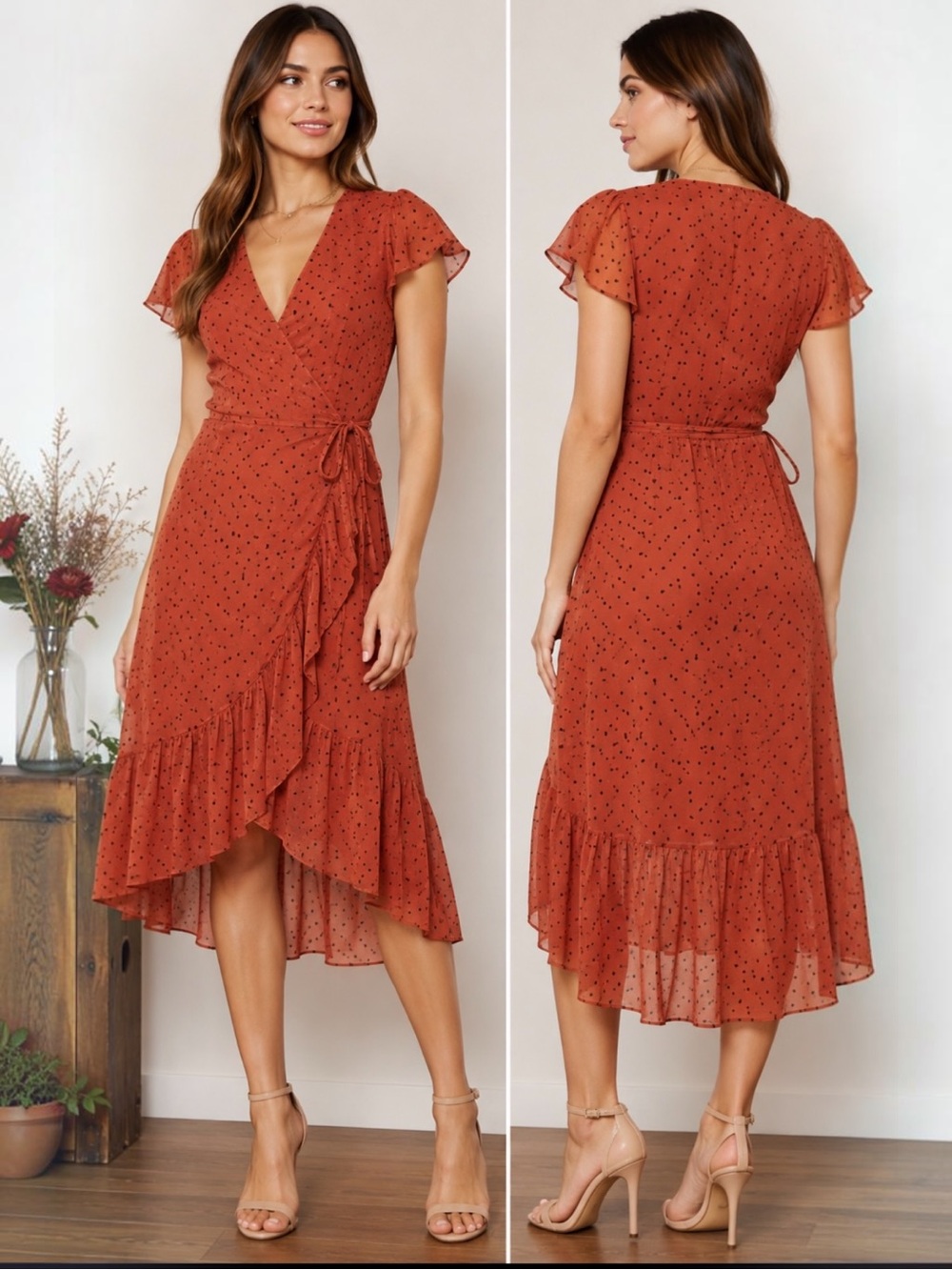 NWT Abercrombie & Fitch Chiffon Wrap Midi Dress M Rust Polka Dot MSRP $59.95